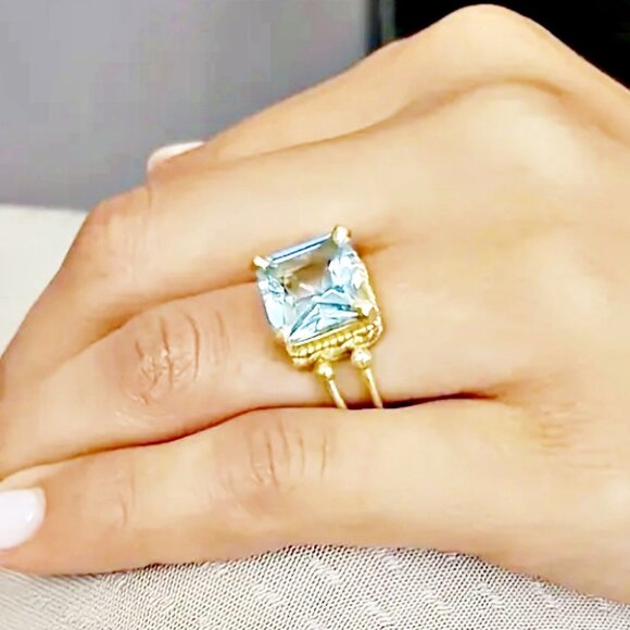 SQUARE  SEMI PRECIOUS  CULTURED  Aquamarine  10 Carat  Prong Setting  Solitaire - Picture 1 of 8